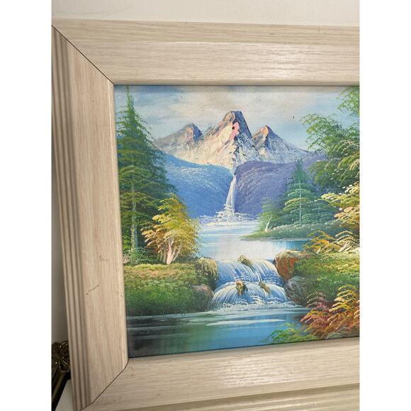 Vintage Wood framed oil painting on canvas with mountains, water falls, - Picture 3 of 9